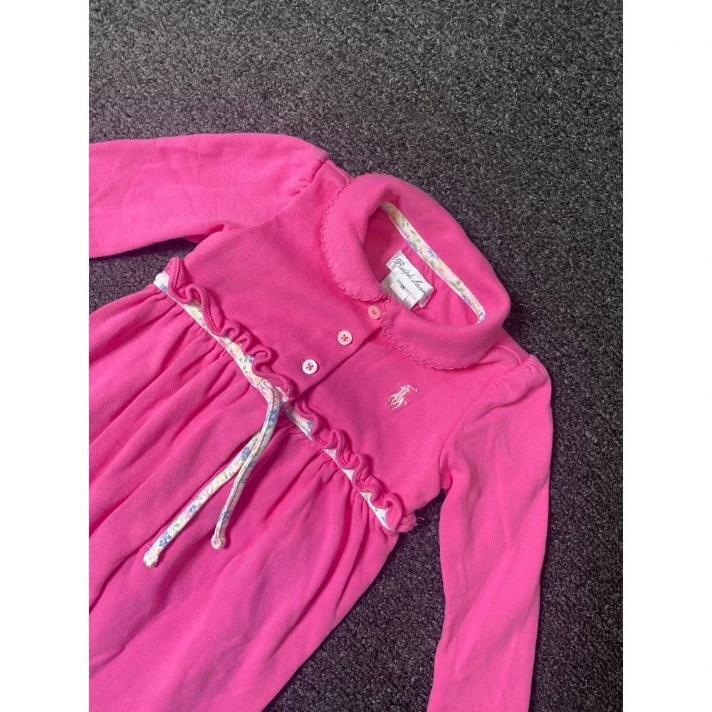 Ralph Lauren Polo Romper Pink Baby Girls 9M Long Sleeve Floral Ruffle Coverall